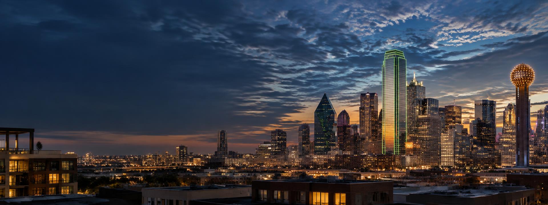 Dallas skyline illuminated at dusk
